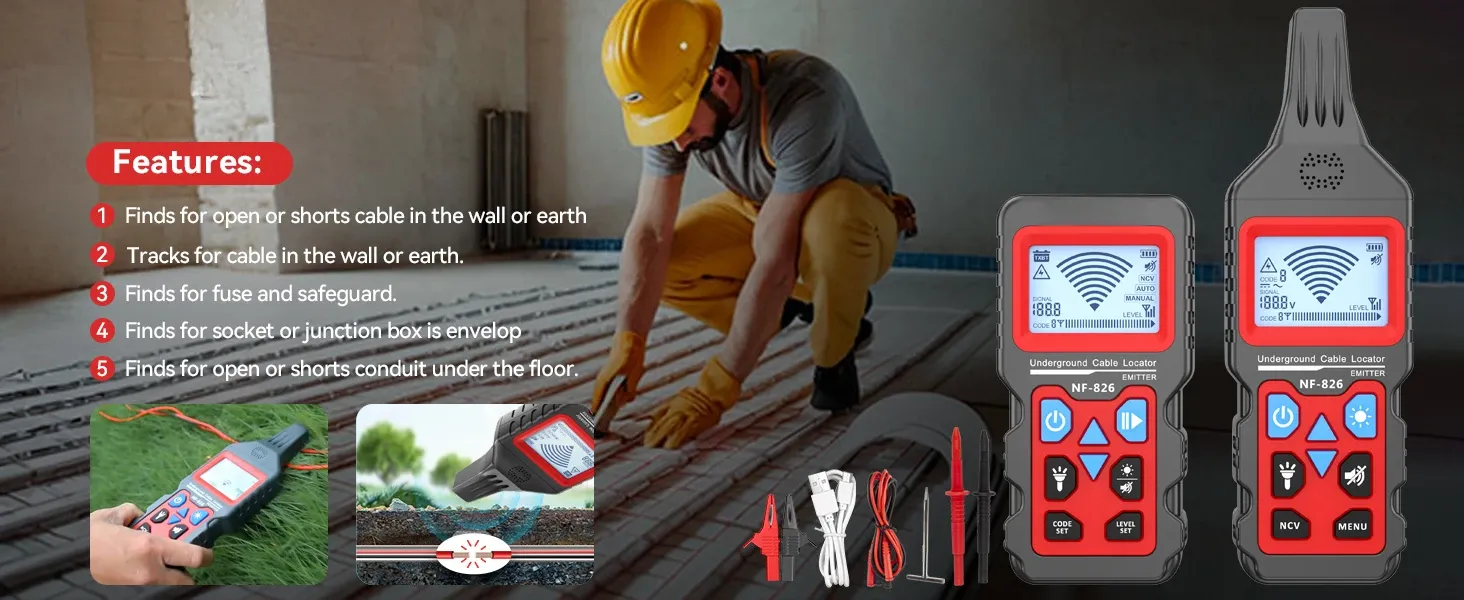 Professional-grade underground cable locator and emitter displayed in a realistic workshop setting, showcasing features for tracing and fault-finding.